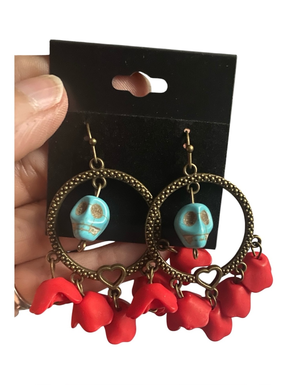 Turquoise Skull and Red Floral Hoop Earrings - Women Jewelry